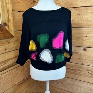 Vintage 90’s Women’s Large Black Knit Sweater Top‎ Colour Cotton 3/4 Sleeve Boxy